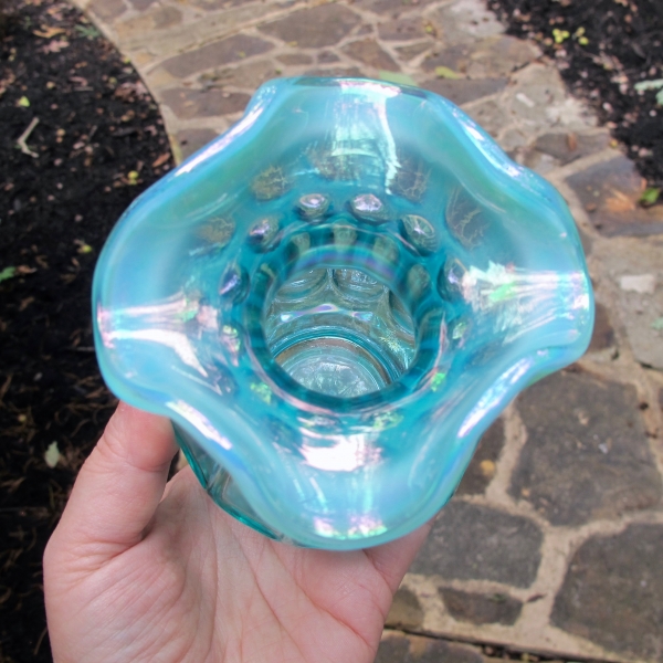 Fenton Aqua Blue Opal Flute & Dot Carnival Glass Vase - Whimsey