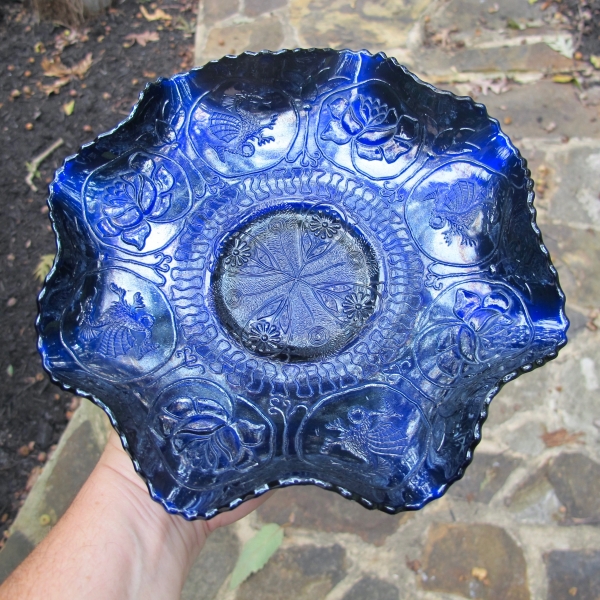 Antique Fenton Blue Dragon & Lotus Carnival Glass Bowl - Non-iridized Front!
