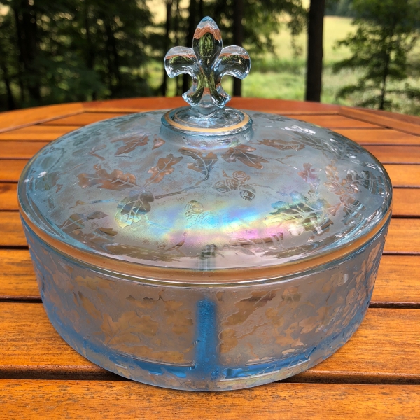 Antique Fostoria Ice Blue Brocaded Acorns Carnival Glass Divided Dish