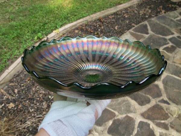 Antique Fenton Green Stippled Rays Scale Band Carnival Glass Large ICS Bowl