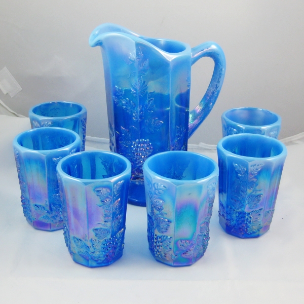 Westmoreland for Levay Aurora Blue Opal Paneled Grape Opalescent Glass Water Set