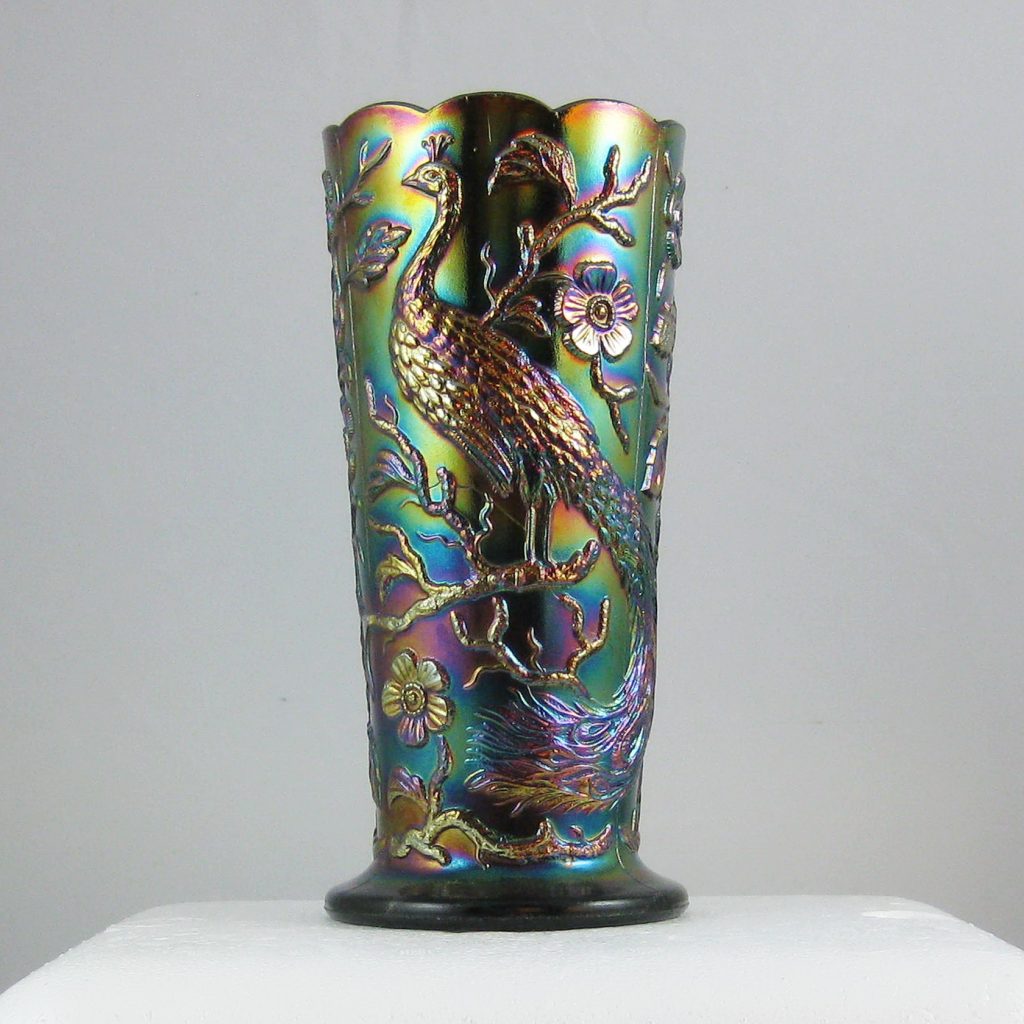 Fenton Dark Amethyst 8257 CN Peacock Garden Carnival Glass Vase
