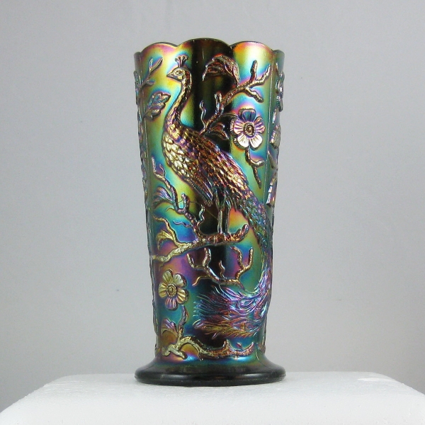 Fenton Dark Amethyst #8257 CN Peacock Garden Carnival Glass Vase