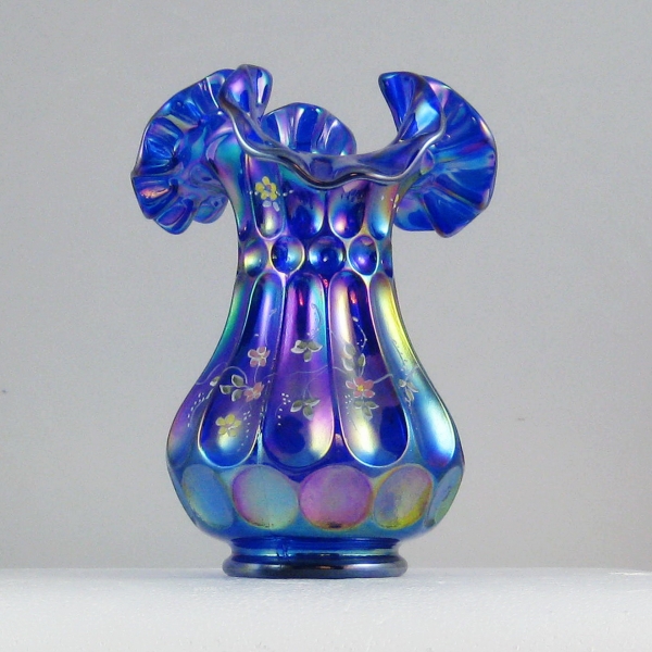 Fenton Cobalt Blue Enamel Decorated Thumbprint & Ovals Carnival Glass Vase