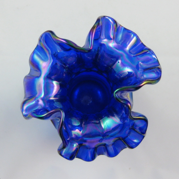 Fenton Cobalt Blue Enamel Decorated Thumbprint & Ovals Carnival Glass Vase