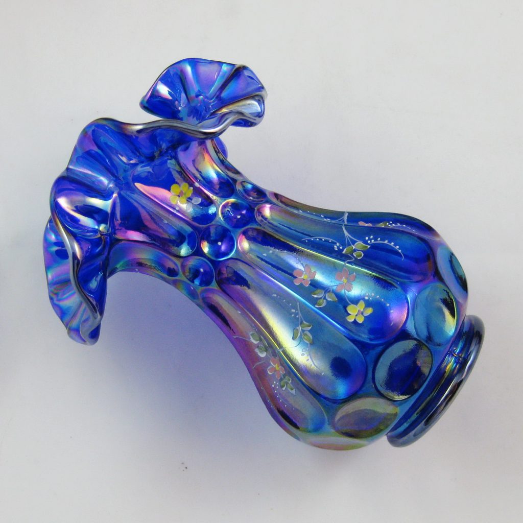 Fenton Cobalt Blue Enamel Decorated Thumbprint & Ovals Carnival Glass