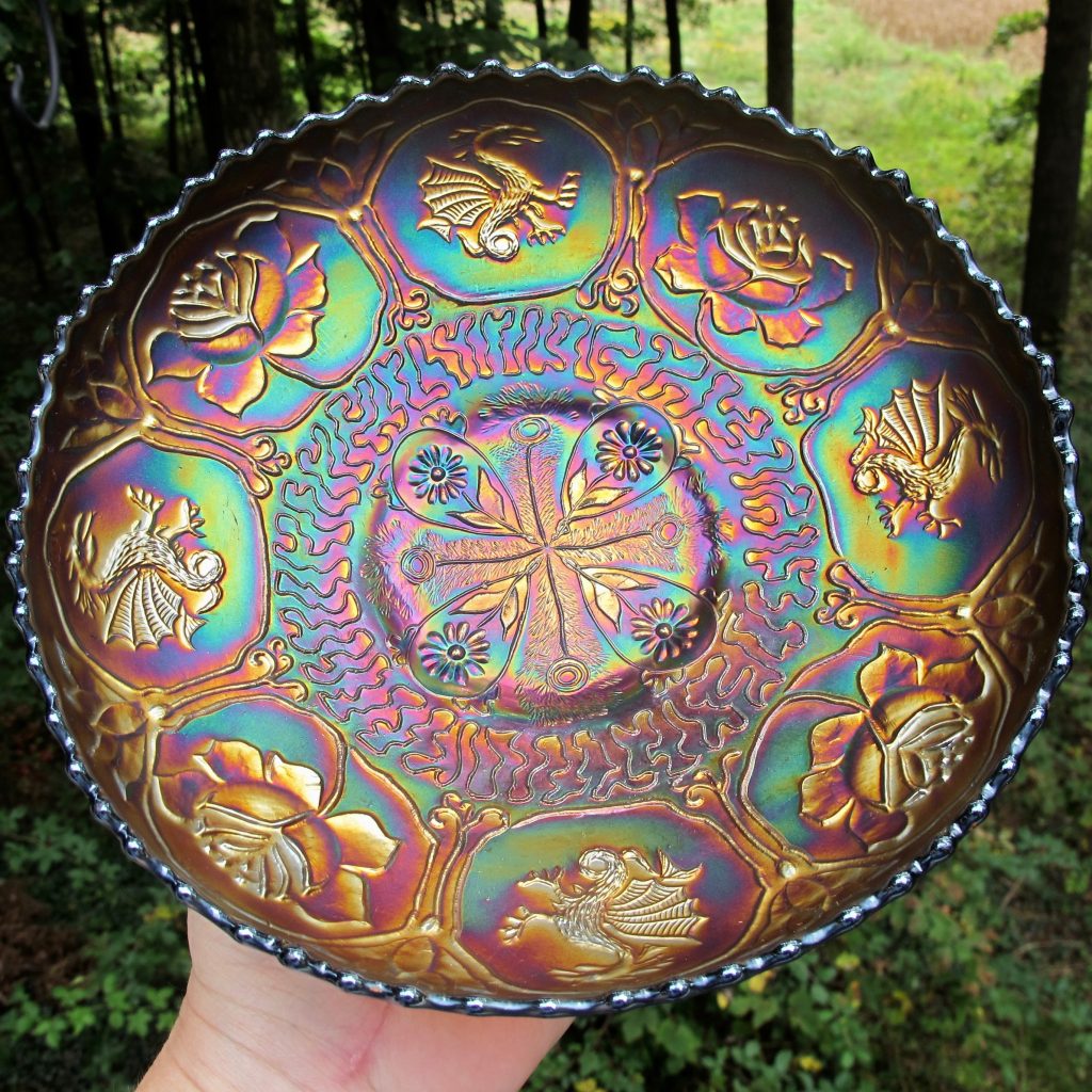 アンティーク　カーニバルガラス　ボウル　アメリカ製　ドラゴン&ロータス Antique Fenton Dragon and Lotus Carnival Glass Cobalt Base Bowl 8