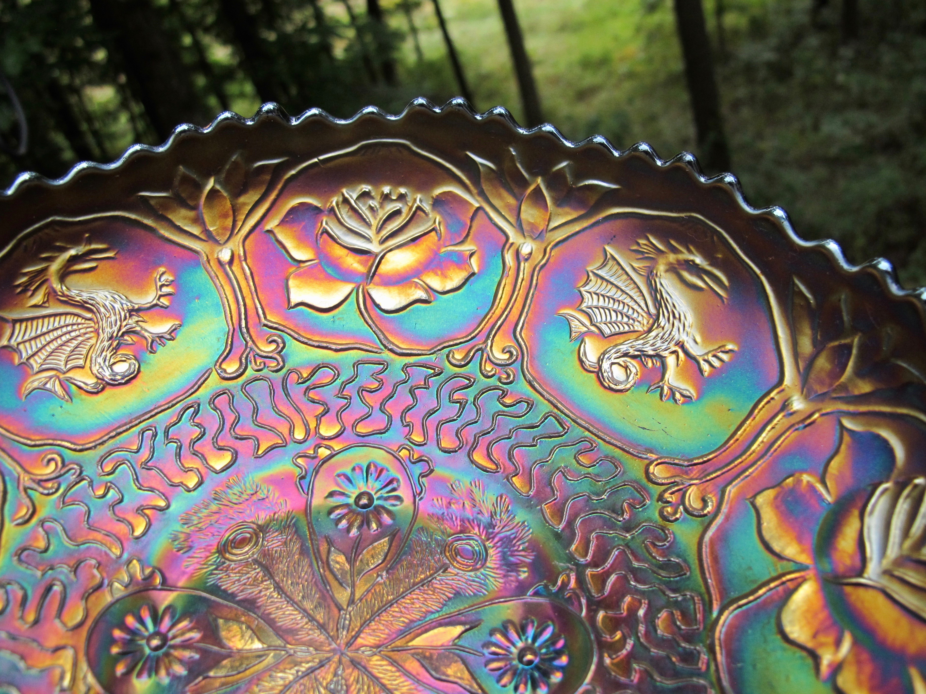 Antique Fenton Blue Dragon & Lotus Carnival Glass ICS Bowl