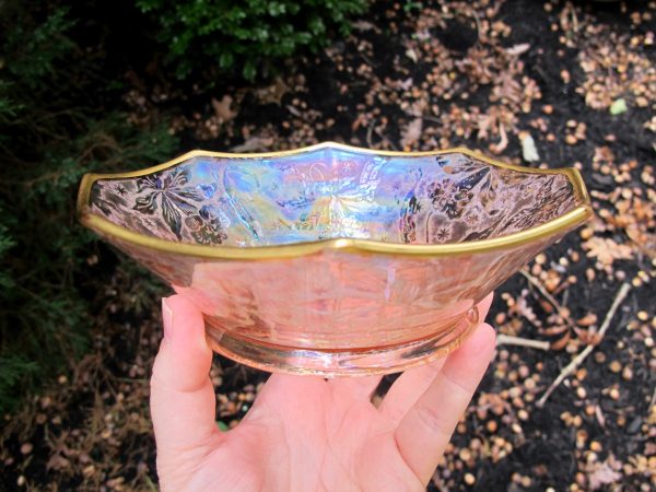 Antique Imperial Pink Valencia Brocaded Daffodils w/Gold Carnival Glass Bowl