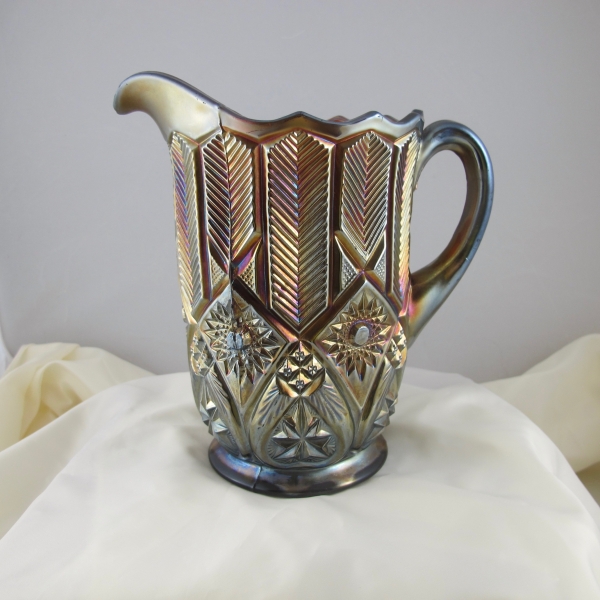 Antique Millersburg Amethyst Feather & Heart Carnival Glass Water Pitcher