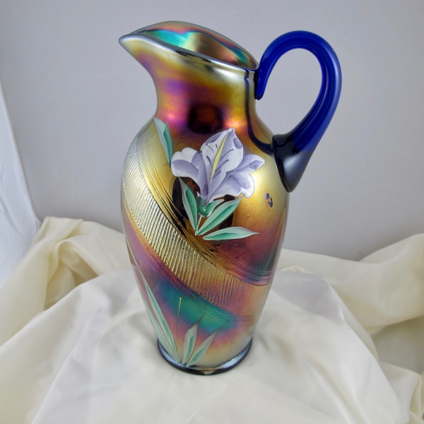 Antique Fenton Blue Enameled Iris Carnival Glass Water Set