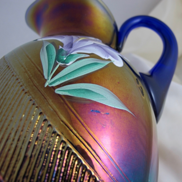 Antique Fenton Blue Enameled Iris Carnival Glass Water Set