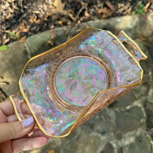 Antique Imperial Pink Valencia Brocaded Daffodils w/Gold Carnival Glass Bonbon