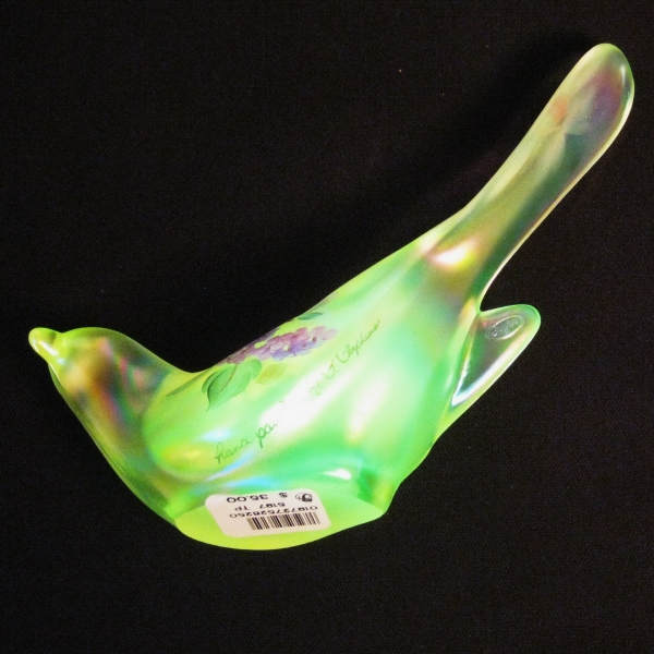 Fenton Vaseline Happiness Bird Carnival Glass Figurine Hand Painted