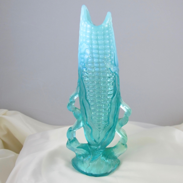 Antique Dugan Blue Opalescent Glass Corn Vase