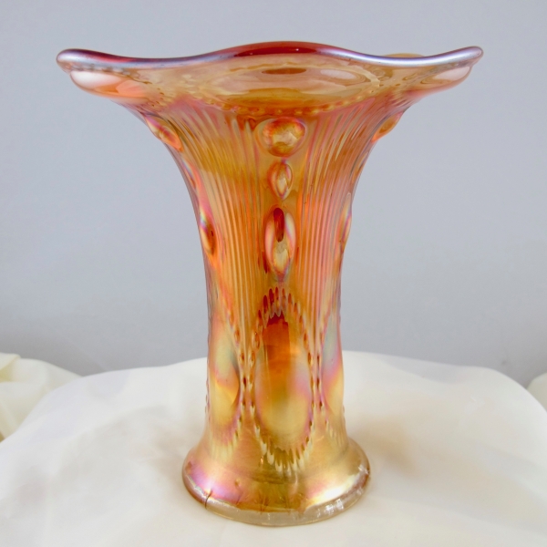 Antique Imperial Marigold Beaded Bullseye Carnival Glass Flat Top Vase
