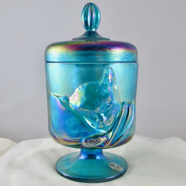 Fenton Sapphire Blue Chessie Cat Carnival Glass Candy Jar Box