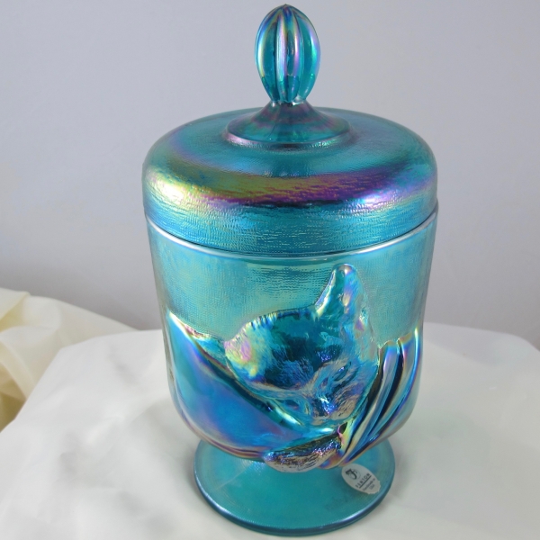 Fenton Sapphire Blue Chessie Cat Carnival Glass Candy Jar Box