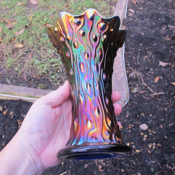 Antique Northwood Blue Tree Trunk Carnival Glass Squat Vase