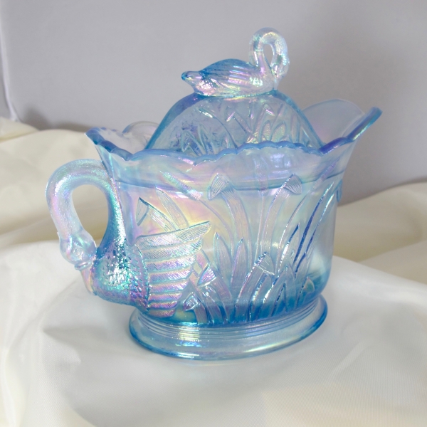 Westmoreland Summit Ice Blue Swan & Cattails Carnival Glass Covered Creamer