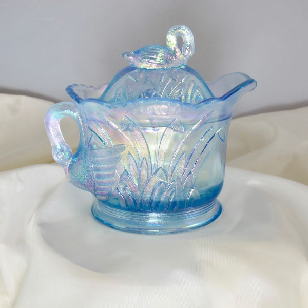 Westmoreland Summit Ice Blue Swan & Cattails Carnival Glass Covered Creamer