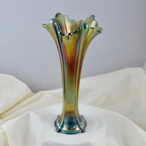 Antique Northwood Sapphire Blue Four Pillars Carnival Glass Vase