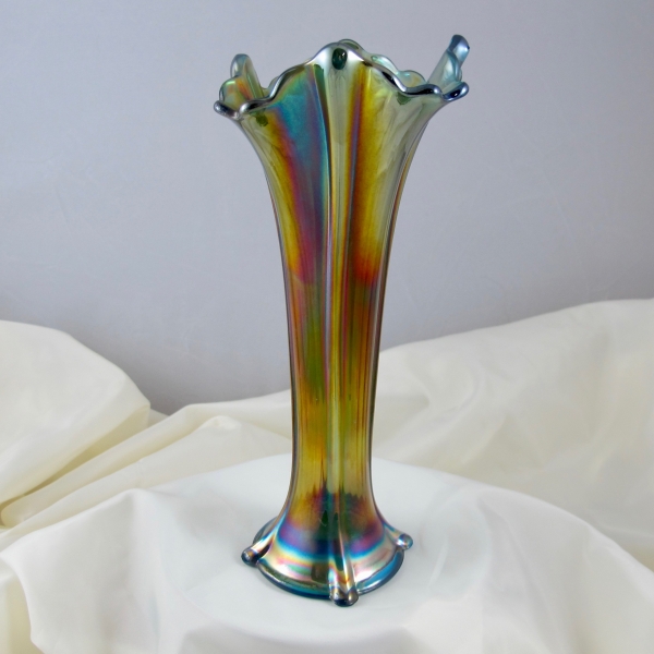 Antique Northwood Sapphire Blue Four Pillars Carnival Glass Vase