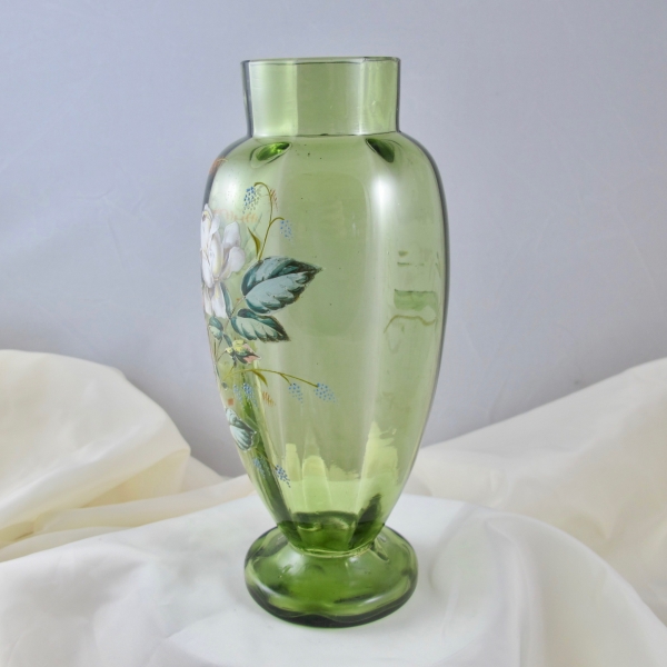 Antique Moser Painted Enameled White Rose Dragonfly Art Glass Vase