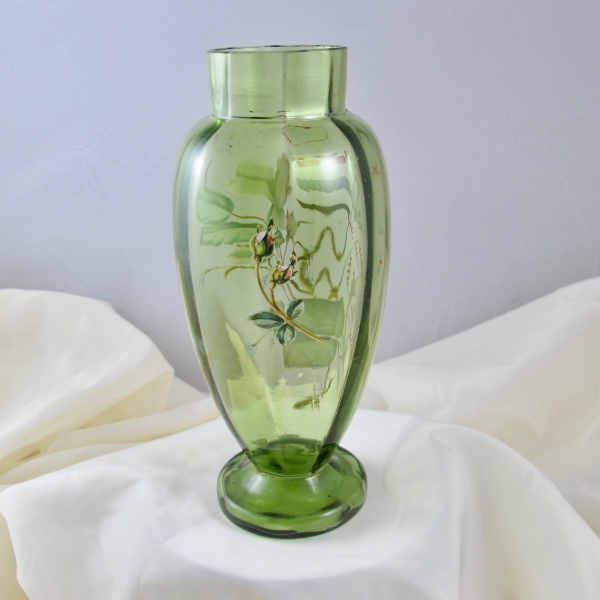 Antique Moser Painted Enameled White Rose Dragonfly Art Glass Vase