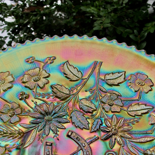 Antique Northwood Green Good Luck Carnival Glass Plate Variant