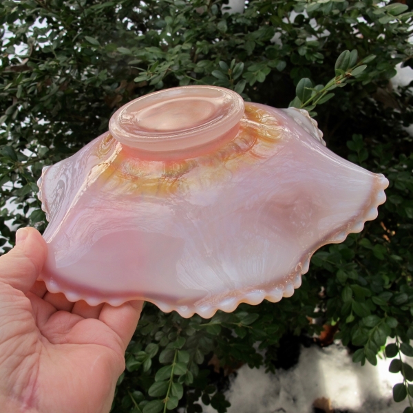 Antique Westmoreland Carolina Dogwood Swirled Peach Opal Carnival Glass Bowl