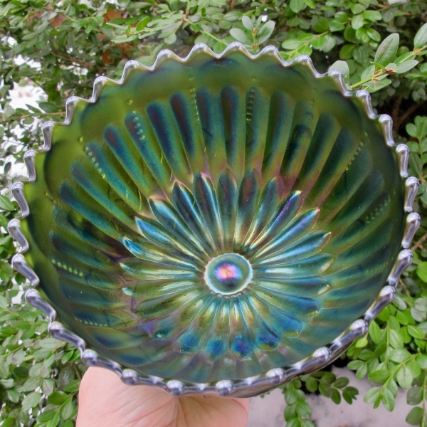 Antique Northwood Green Leaf & Beads Carnival Glass Nut Bowl - Sawteeth
