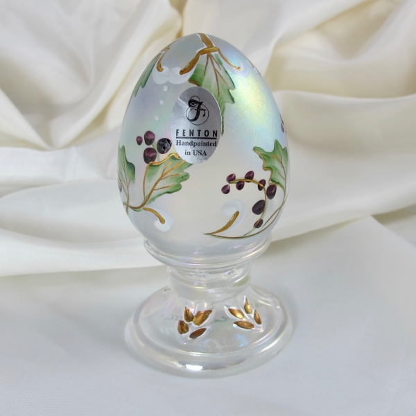 Fenton White Painted Holly Carnival Glass Egg Paperweight