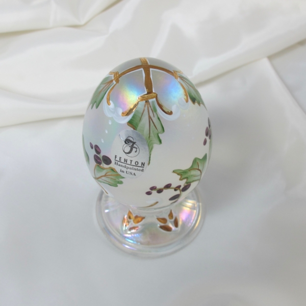 Fenton White Painted Holly Carnival Glass Egg Paperweight
