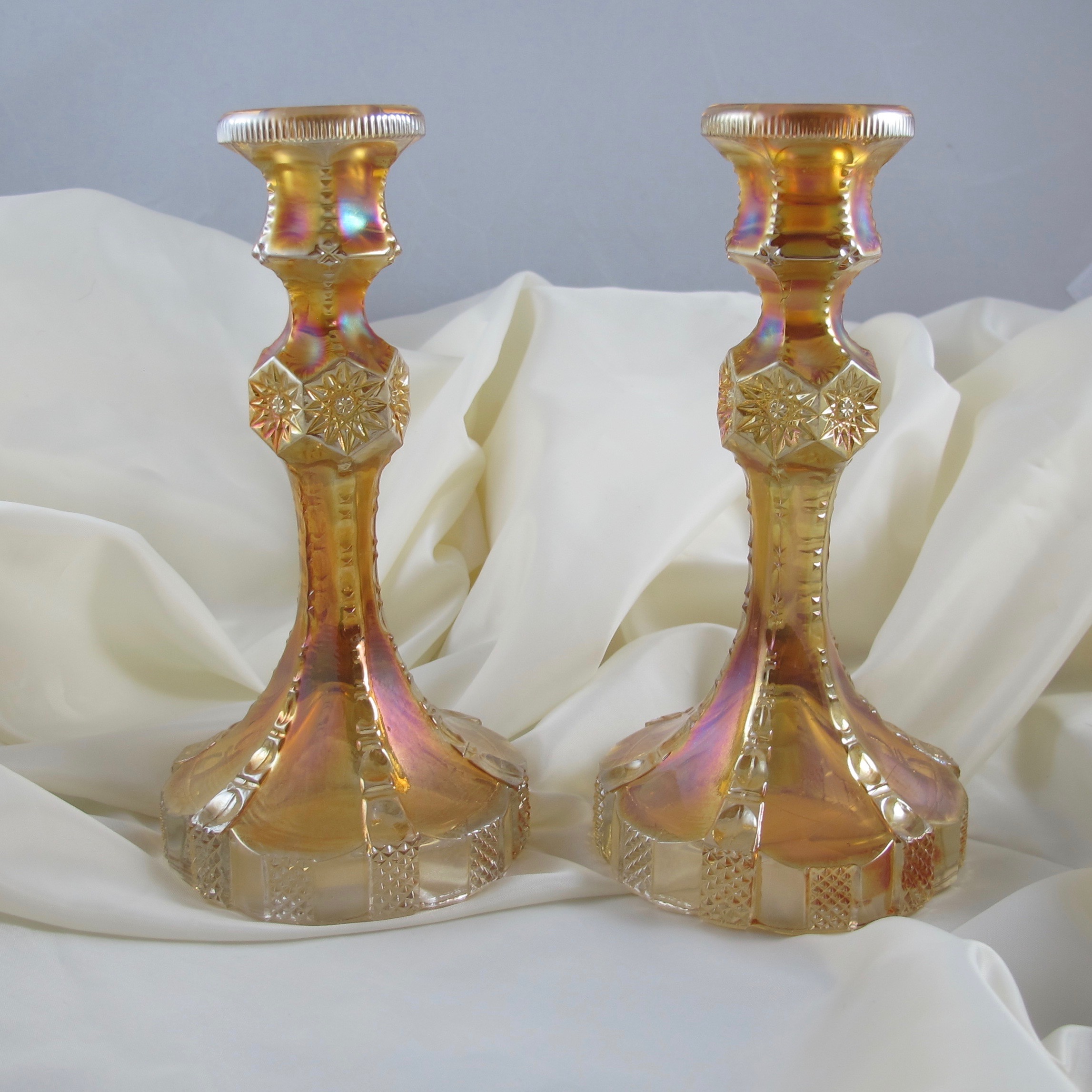 Antique Imperial Marigold SixSided Carnival Glass Candleholders