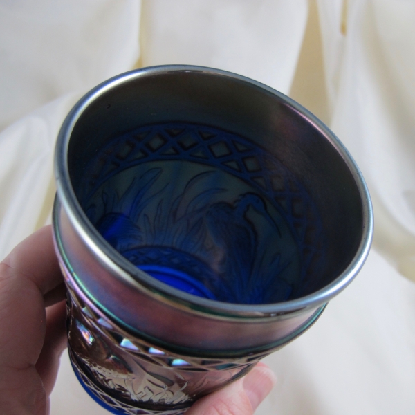 Antique Dugan Blue Stork Rushes Lattice Band Carnival Glass Tumbler