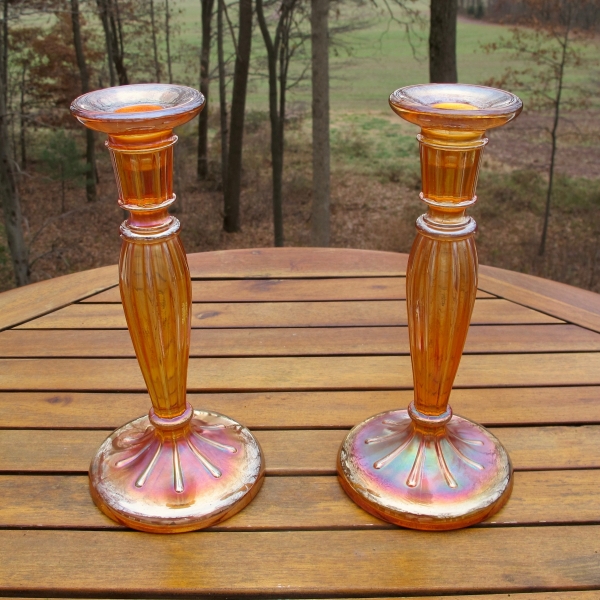 Antique Fenton Grecian Gold #232 Carnival Glass Candleholders