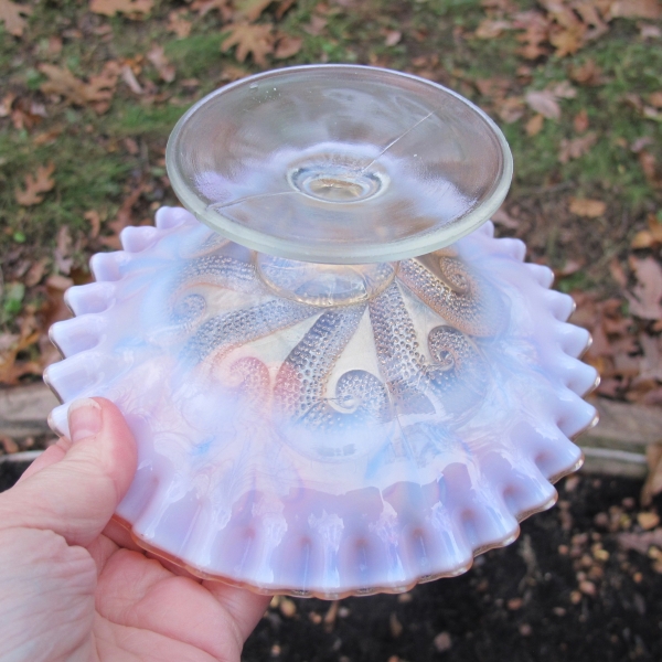 Antique Dugan Question Marks Peach Opal Carnival Glass Crimped Plate