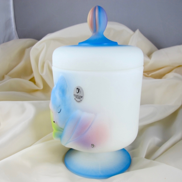 Fenton Satin Opal Tie Dye Chessie Cat Glass Candy Jar Box w Mouse!