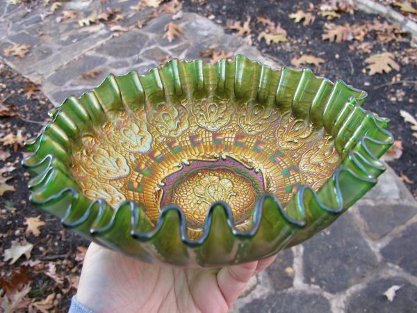 Antique Fenton Persian Medallion Green Carnival Glass CRE Bowl