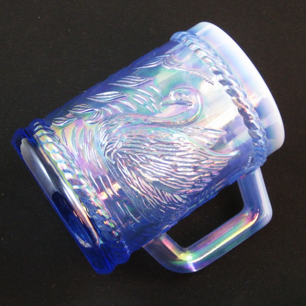 Fenton for Singleton Bailey Provincial Blue Opal Swan Carnival Glass Mug