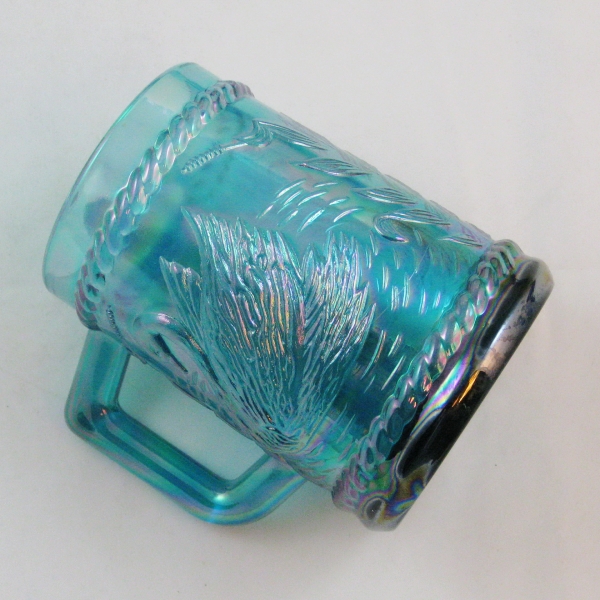 Fenton for Singleton Bailey Teal Swan Carnival Glass Mug