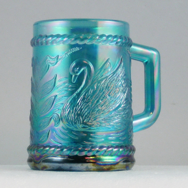 Fenton for Singleton Bailey Teal Swan Carnival Glass Mug