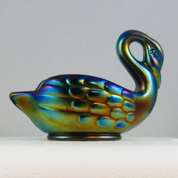 Robert Hansen Teal Epic Swan Carnival Glass Swan Dish