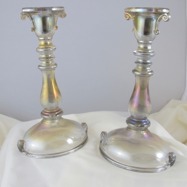 Antique Imperial Double Scroll Smoke Stretch Carnival Glass Console Set
