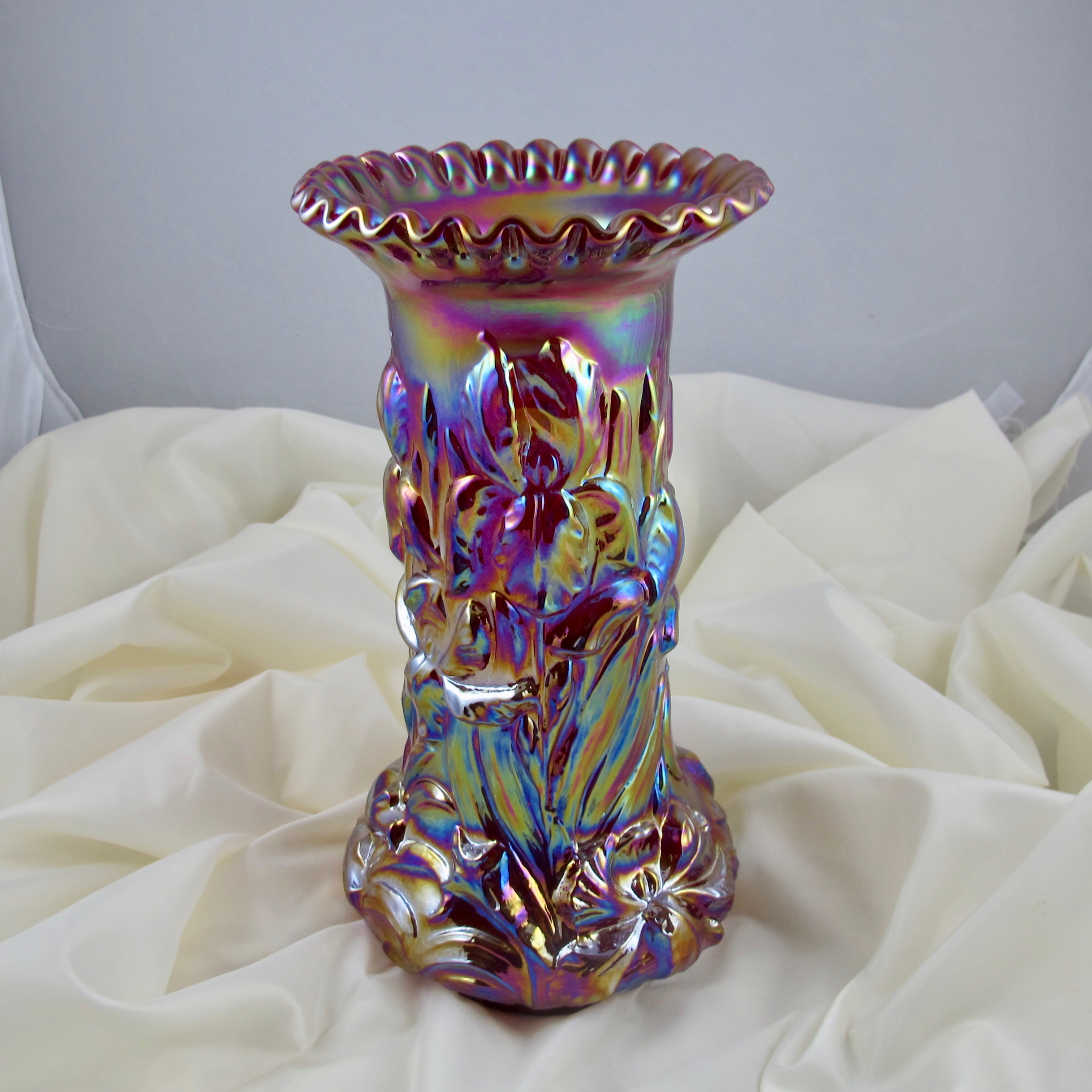 Fenton for Singleton Bailey Red Heavy Iris Carnival Glass Vase