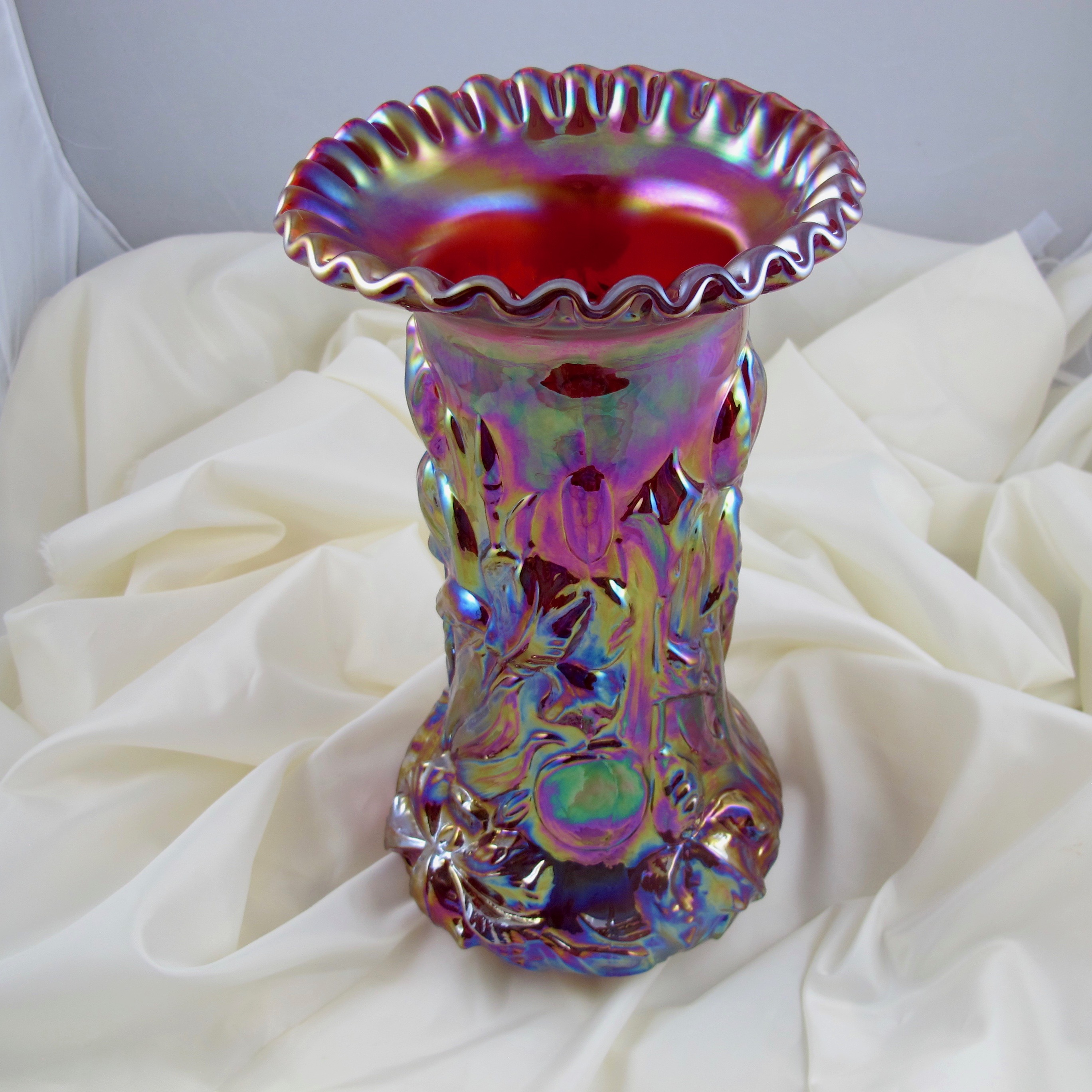 Fenton for Singleton Bailey Red Heavy Iris Carnival Glass Vase