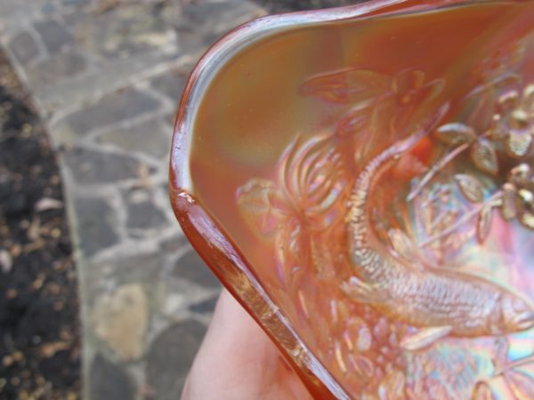 Antique Millersburg Big Fish Marigold Carnival Glass Square Bowl