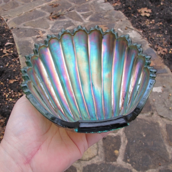 Antique Westmoreland Teal Carnival Glass Footed Shell Dish - LARGE!