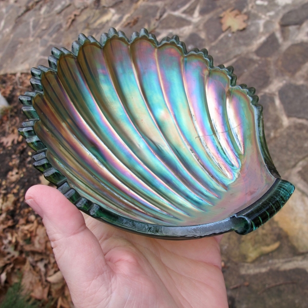 Antique Westmoreland Teal Carnival Glass Footed Shell Dish - LARGE!